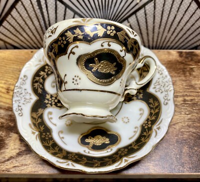 Vintage Demitasse Tea Cup Saucer UCAGCO Gilded Black Gold Hand Painted  Japan