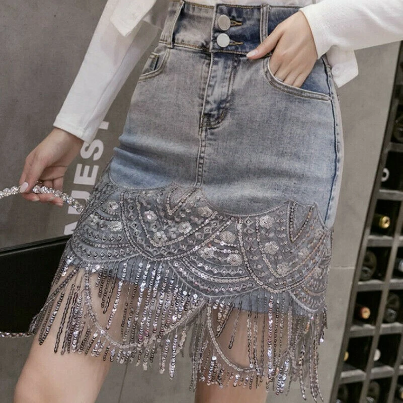 Women Sequin Tassel Denim Skirt Pencil Short Sexy High Waist