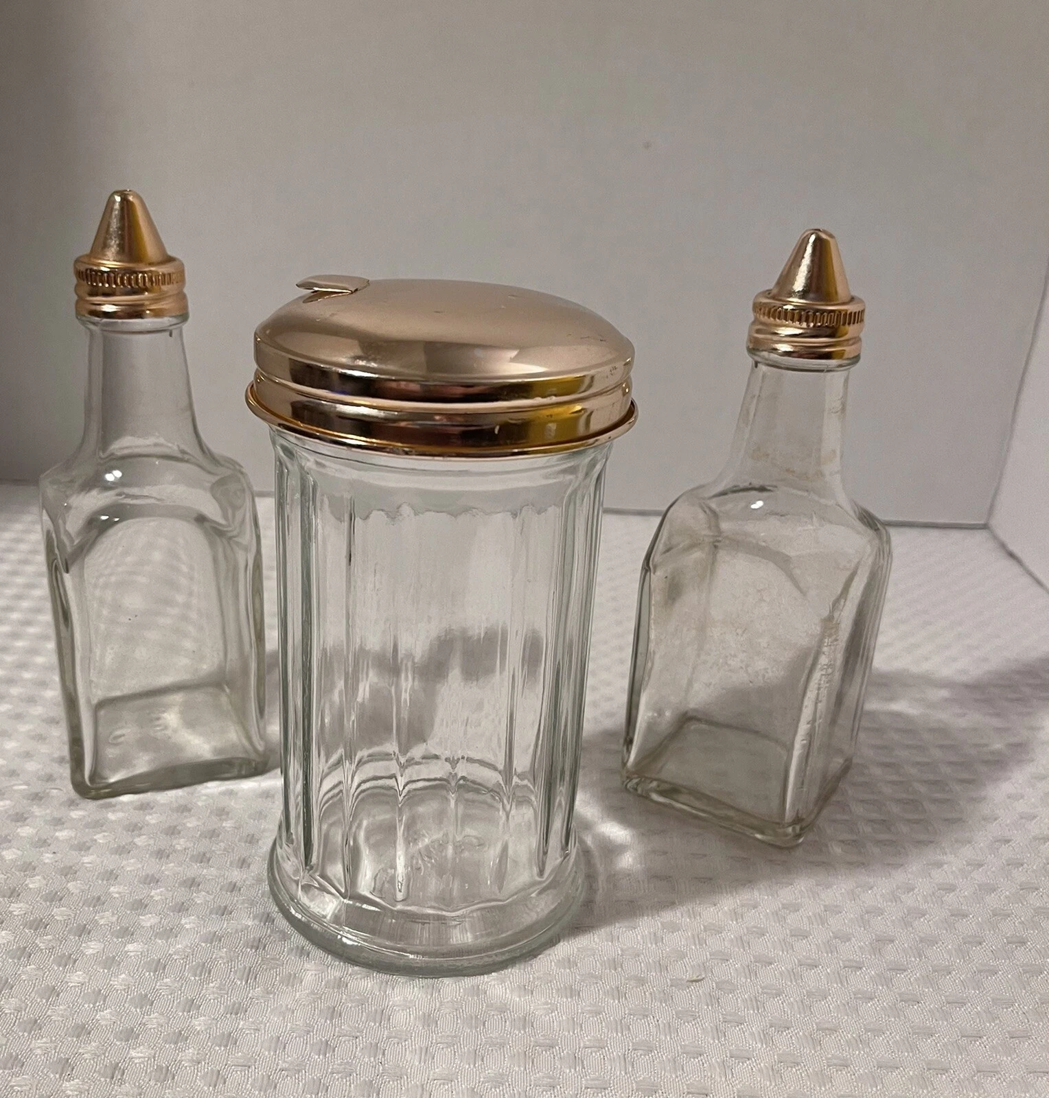 Oil & Vinegar 6 oz. Set With Sugar Jar Gemco USA Clear Glass Copper Metal Lid