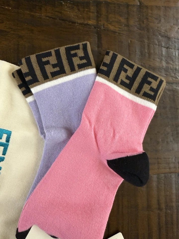 New FENDI Kids Girls FF Logo Trim Socks Size III (10-12) Lilac Purple Pink 2Pack - Image 3 of 4