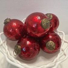 Restoration Hardware Red Crackle Glass Christmas Ornaments Set of 6 Brass Top