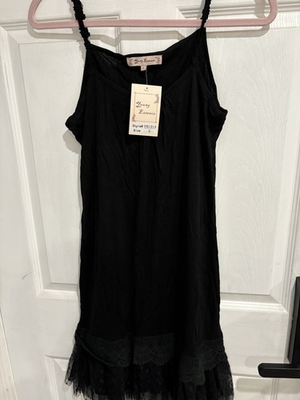 #ad Black Slip Dress With Lace Top And Bottom Details $12.00
