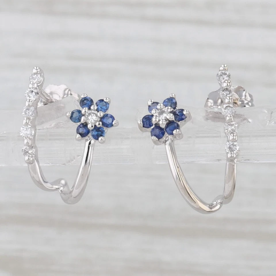 Pendientes Wishbone Flor Diamante Zafiro Azul 0.30ctw Oro Blanco 14k Foto 2 de 4