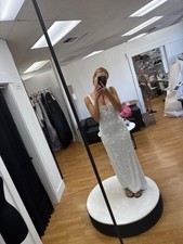 Lulus White Beaded Embroidered 3D Floral Sheath Wedding Dress V Neck Tulle