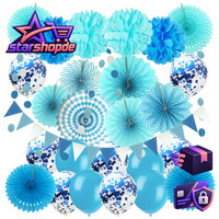 Party Dekoration Papier Pompoms FäCher Wimpel Glitter Punkt Girlande Blau