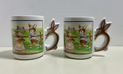 Set of 2 Vintage Peter Rabbit  Ceramic Mugs  with Adorable Rabbit Handles  