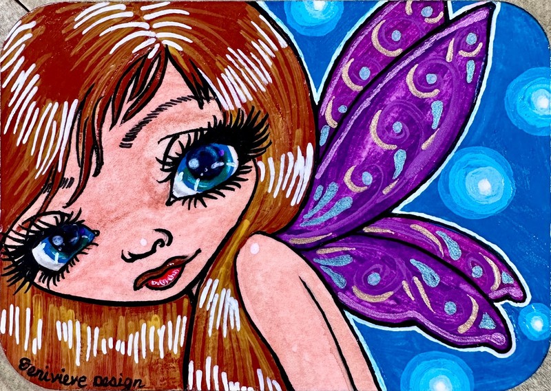 Original ACEO Jenivieve Design Hand-Painted Gouache Fantasy Big Eyes Fairy Art