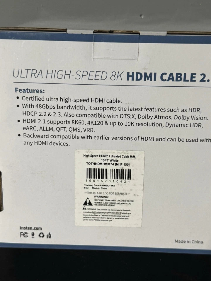 Insten 10ft HDMI Male to Male Cable 2.1, 8K 60Hz, 48Gbps, Gold Connectors, White - Image 3 of 4