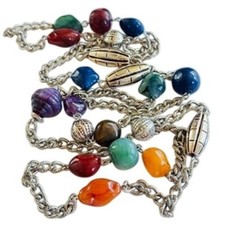 Vtg Necklace BOHO Flashy Lucite Acrylic chunky Beads Colorful beaded Silver 45"L