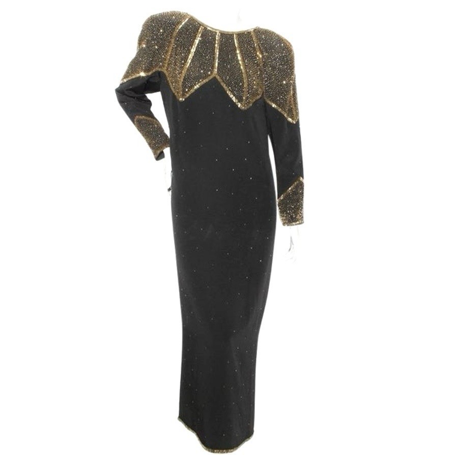 Chloé Gold Beaded Long Sleeve Black Dress Karl Lagerfeld Circa 1990’S Vintage