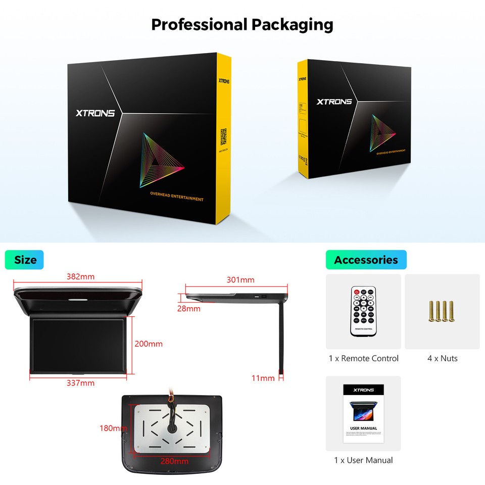 XTRONS 14" FHD Screen Car Roof Monitor Player Overhead Monitor HDMI TV