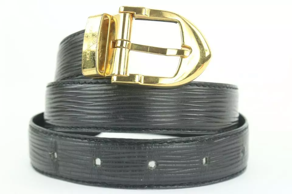 LOUIS VUITTON, black epi leather belt, gold metal buckle…