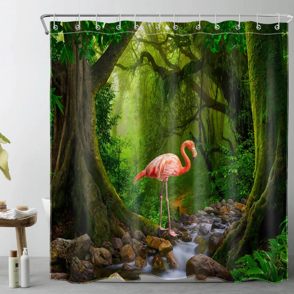 Green Tropical Rainforest Pink Flamingo Shower Curtain Set for Bathroom Decor - Image 2 of 4