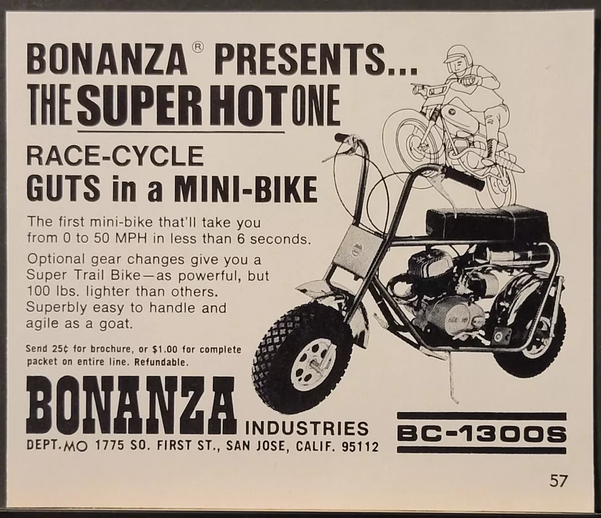 1970 Bonanza Mini Bike Motorcycle Print Ad Super Trail Bike