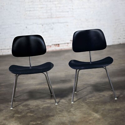 Late 20th Century MCM Pair DCM Chairs by Eames for Herman Miller Black & Chrome