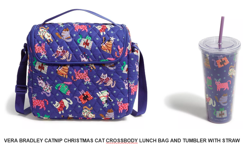 2 pc Catnip Christmas Cats Lunch Crossbody Bag Tumbler w Straw Vera Bradley NWT