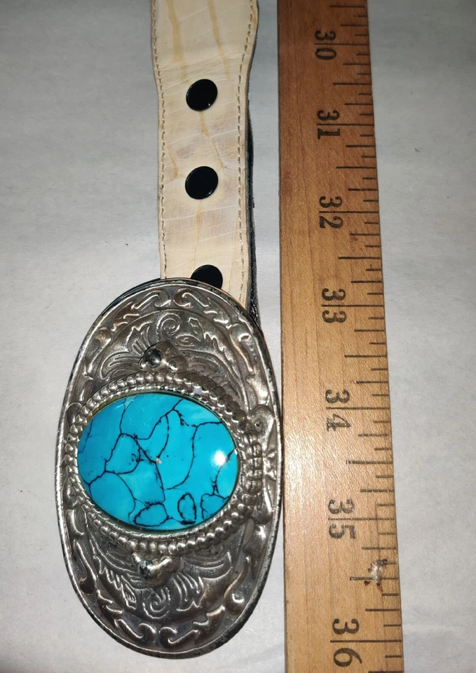 VICENZA Genuine Italian CalfSkin with Turquoise Buckle Silver Belt 35" - Image 4 of 4