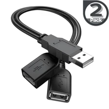 2Pack USB 2.0 Male To 2 Dual Female Jack Y Splitter Hub Power Cord Adapter Cable