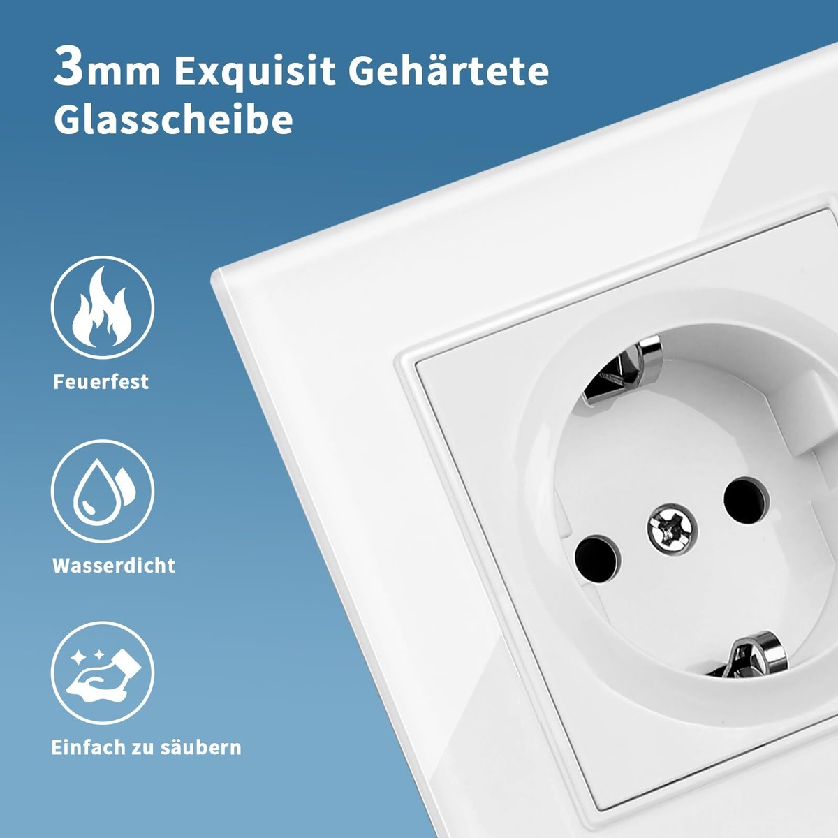 PANGTZEEN Schuko-Steckdose Mit Kralle – 2-fach, Vollspiegel Aus Gehärtetem Glas, 153 Mm, Weiß – Für Wohnzimmer, Küche, Büro