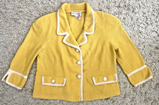 St John Collection Marie Gray Yellow Blazer Jacket Ivory Trim Buttons Size 10