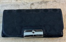 Coach Black Signature Canvas Leather Slim Flap Wallet Silver Hardware