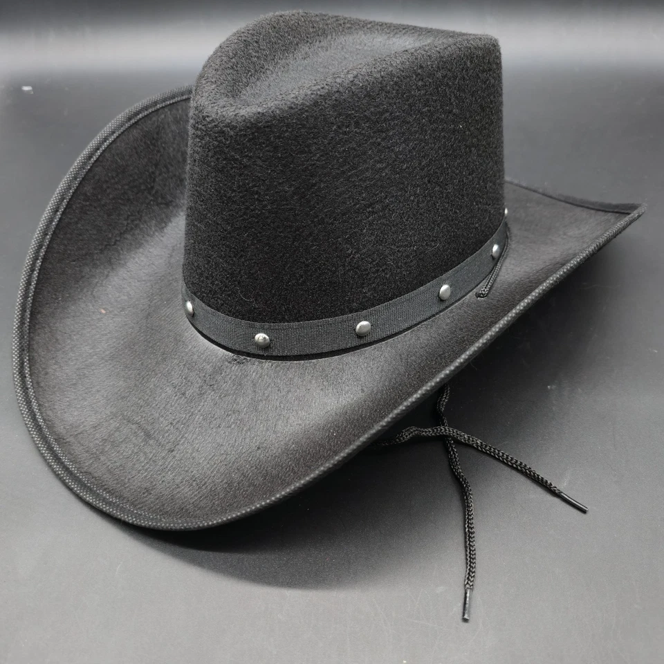 Sombrero de Vaquero Negro Imitación Gamuza Corona Alta Pellizcado Frontal Remache Banda Disfraz Sombrero Foto 3 de 4