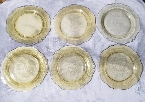 6-1930s Depression Federal Glass Patrician Spoke 11" Yellow Amber Dinner Plates