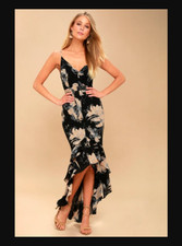 NWT Lulus Darling Daylily Black Tan Floral Print High-Low Dress Maxi Wedding M