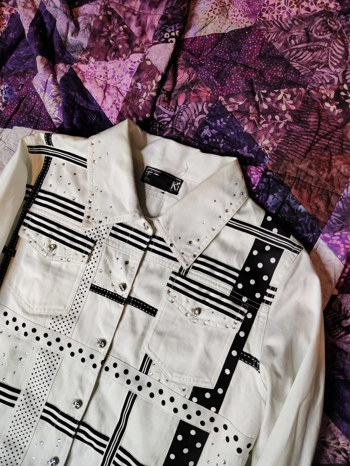 Camisa vaquera vintage Berer Western para mujer M negra blanca diamante algodón rodeo Foto 3 de 4