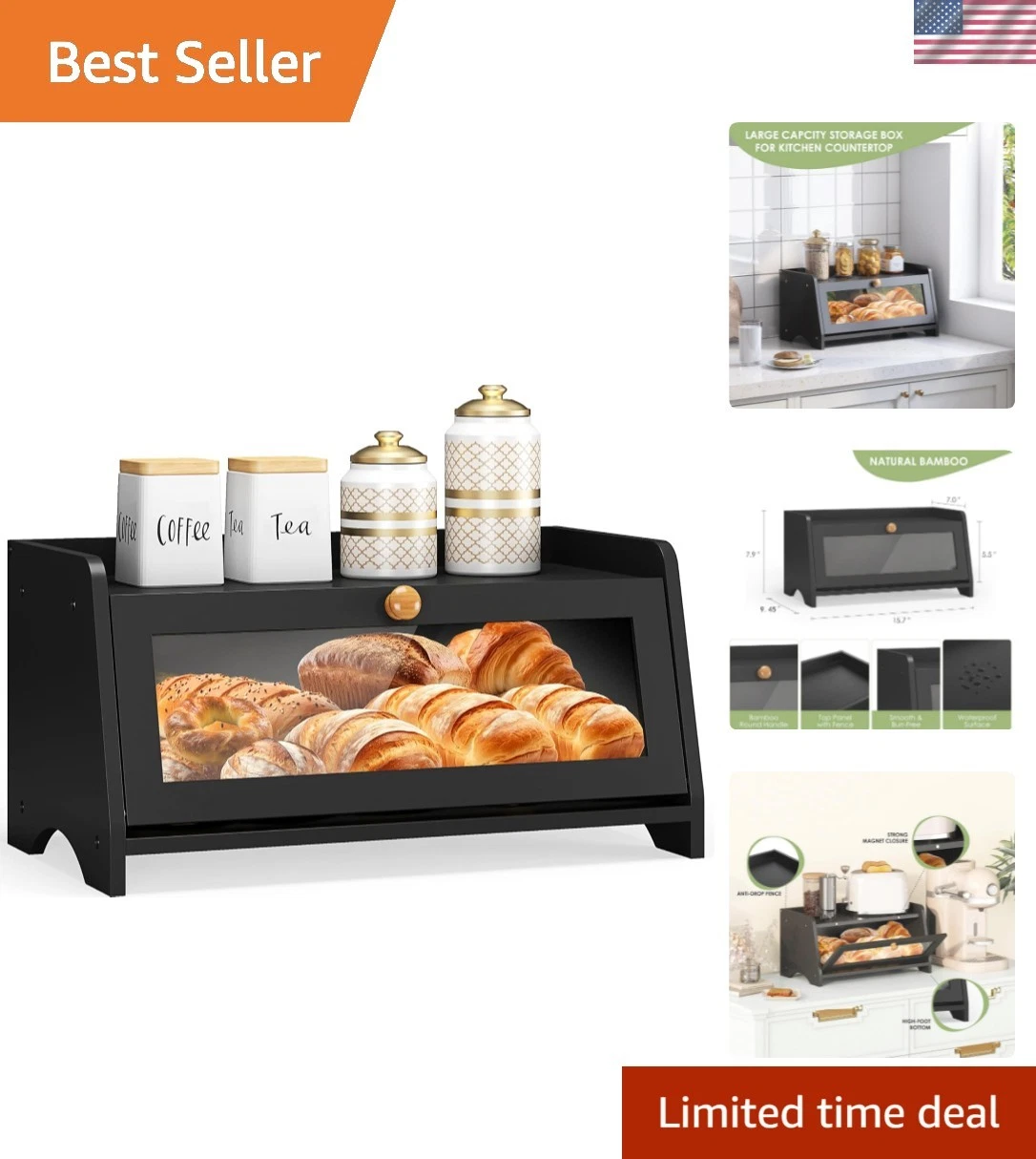 Bread Box for Kitchen Countertop, Large Bread Container Storage, Wooden Farmh...