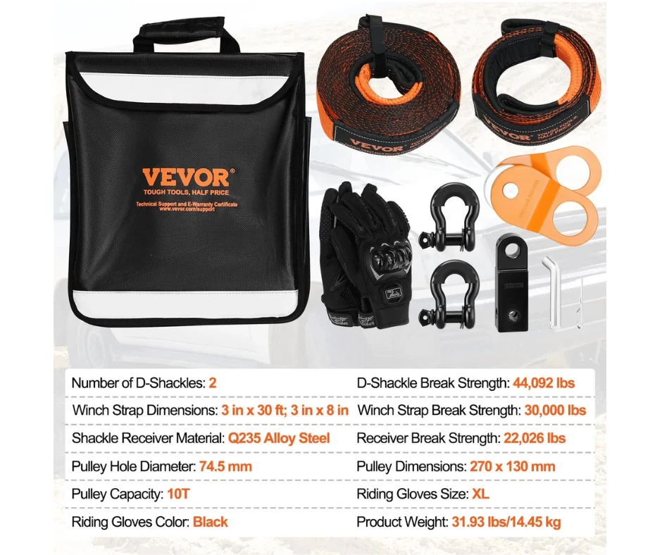 Kit Récupération Tout-terrain 7,6x914,4 cm 13608 kg Sangles Manilles Poulie Gant - Photo 2/4