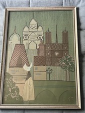 Vintage Mid Century Modern Embroidered Textile Cityscape Framed Wall Art 1960s