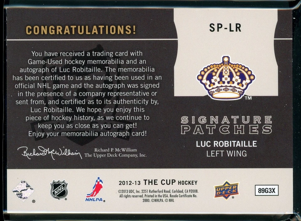 2012-13 Upper Deck The Cup Signature Patches Auto LUC ROBITAILLE /75 FG01 SP-LR - Image 2 of 2