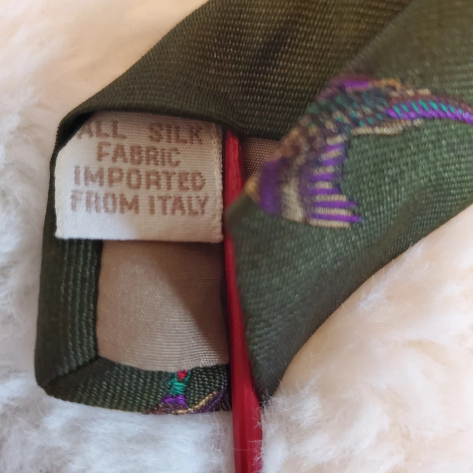 Corbata Perry Ellis DE COLECCIÓN Hecha a Mano en EE. UU. Faisanes Cazador Verde 100% Seda Italiana Foto 4 de 4