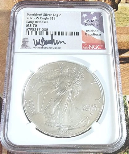 2023 W Burnished Silver Eagle NGC MS 70 Early Releases Michael Gaudioso Hand Sig