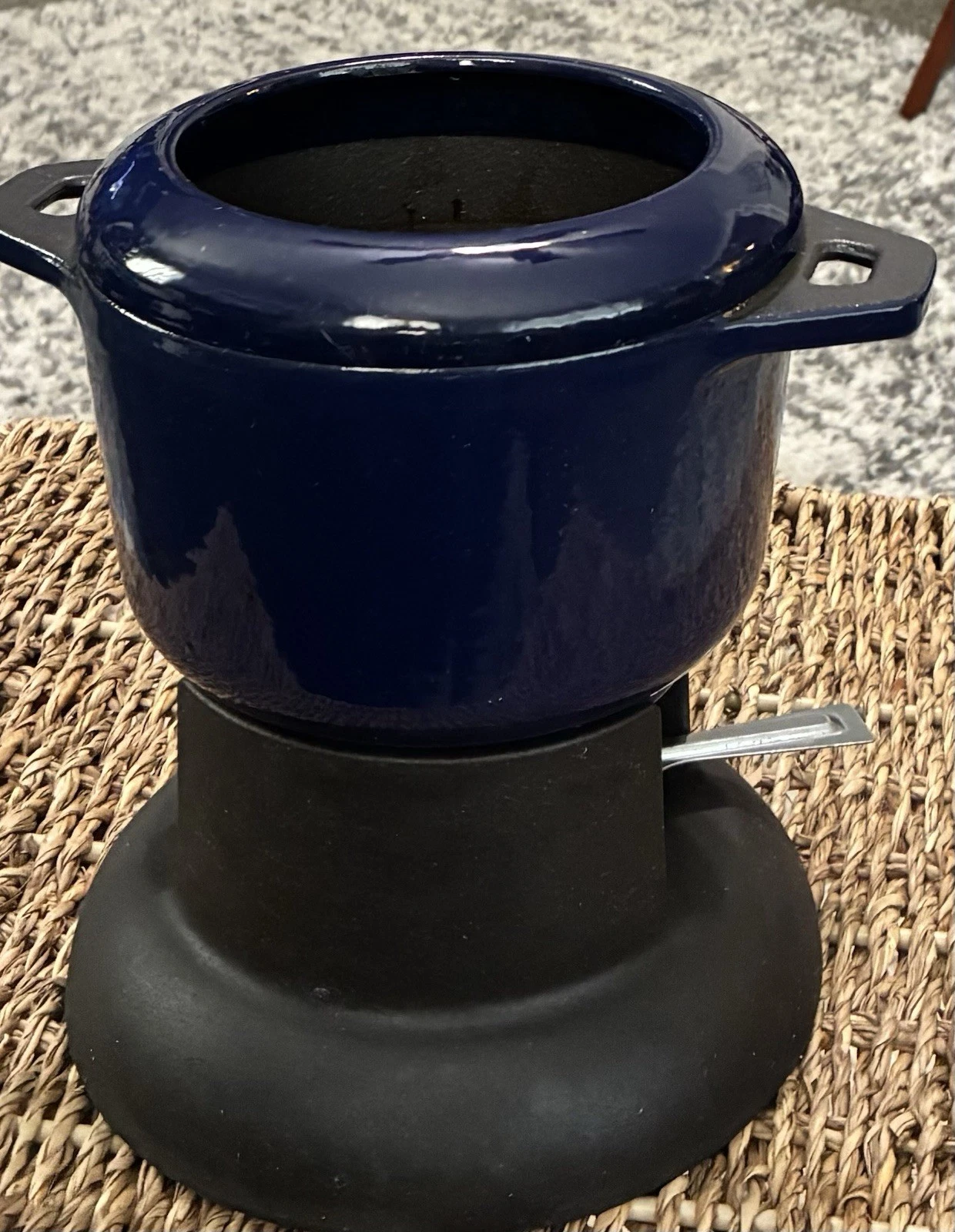 Invicta Blue Enameled Cast Iron Fondue Pot With Stand, Top, No Forks