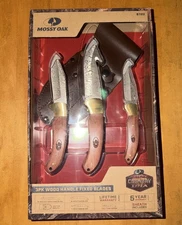 Mossy Oak Knife 3PK Wood Handle Fixed Blades W/ Leather Sheath Full Tang