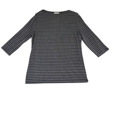Imagio Womens Large Striped Boat Neck 3/4 Sleeve Knit Top Black Grey Made in USA