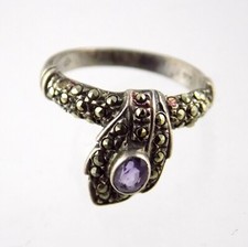 Sterling Silver Amethyst and Marcasite Accent Ring 925 Size 7.25 Missing 1 Gem