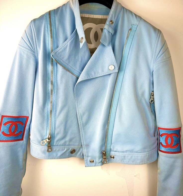 Chanel Vintage 2002 Paris H Blue Moto Biker Logo Jacket 38 Chanel Vintage 2002 Paris H Blue Moto Biker Logo Jacket 38