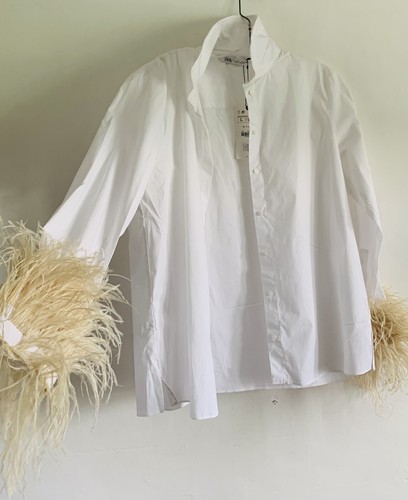 CAMICETTA TOP CAMICIA BIANCA ZARA A MANICHE LUNGHE IN PIUMA CON BOTTONI NUOVA CON ETICHETTE TAGLIA: L