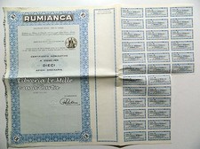 TITOLO AZIONARIO _ RUMIANCA CERTIFICATO NOMINATIVO PER 10 AZIONI ORDINARIE _1965