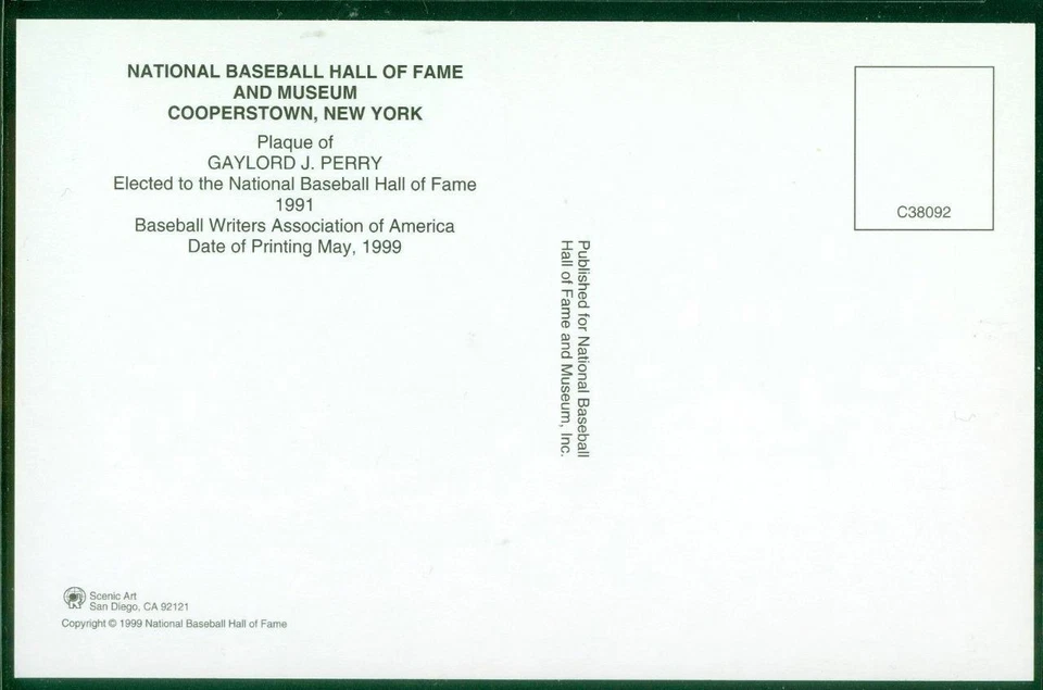 088, Original Autograph of Gaylord Perry (2), HOF Plaque Postcard, SF Giants - Imagem 2 de 3