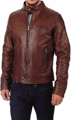 Men's Natural Lambskin Leather Jacket Motorcycle Distressed Brown Biker Jacket