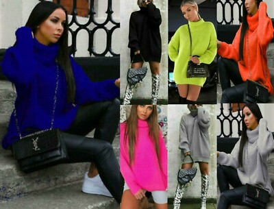 Neu Damen Fluoreszierend Polo Hoch Rollkragen Damen Grob Strickpullover Kleid