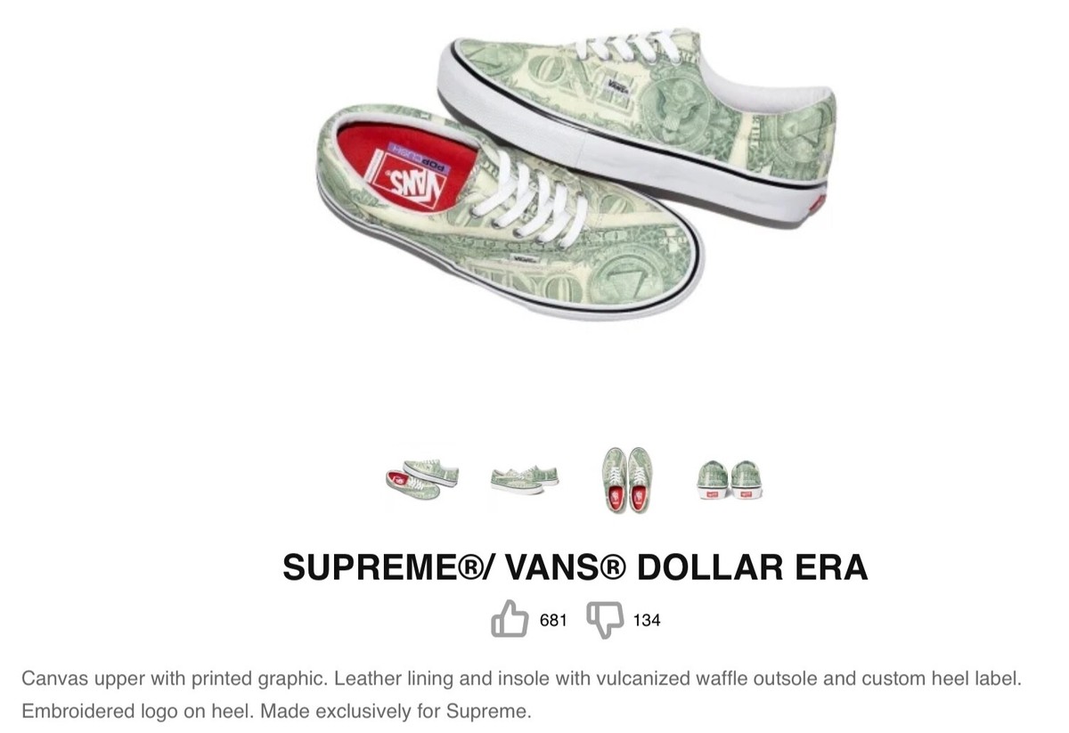 Supreme x VANS Collab Skate Era Shoes **Dollar Bill Green size in  Box!**