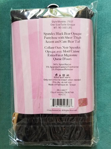 Leg Avenue Spandex Black BEAR Opaque Pantyhose With Sheer Thigh Accent - Picture 2 of 2