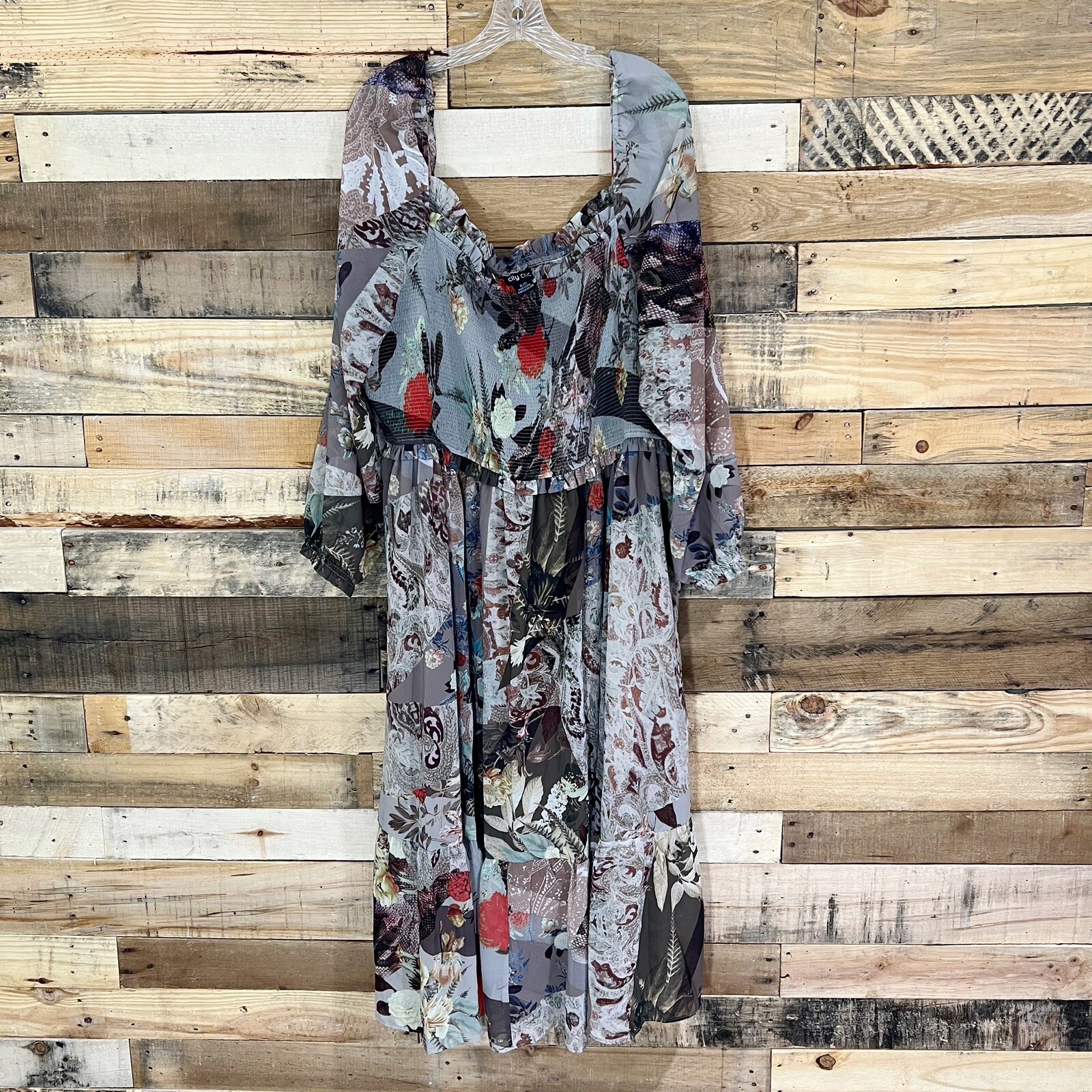 City Chic Patchwork Printed Smocked Long Balloon … - image 1