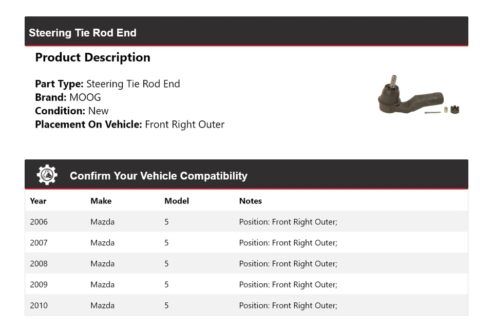 Para 2006-2010 Mazda 5 extremidade da haste de direção dianteira direita externa MOOG 2006 2007 2008 - Imagem 2 de 4
