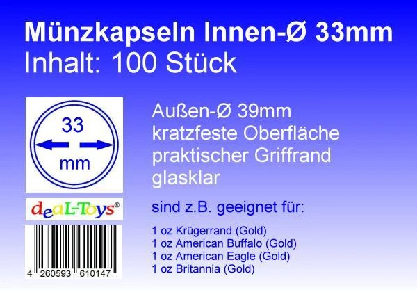 DEAL-TOYS® 100 Münzkapseln 33mm, geeignet für 1 oz Krügerrand (Gold), 1 oz American Eagle